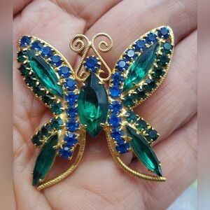 Vintage Rhinestone Butterfly Brooch Blue Green